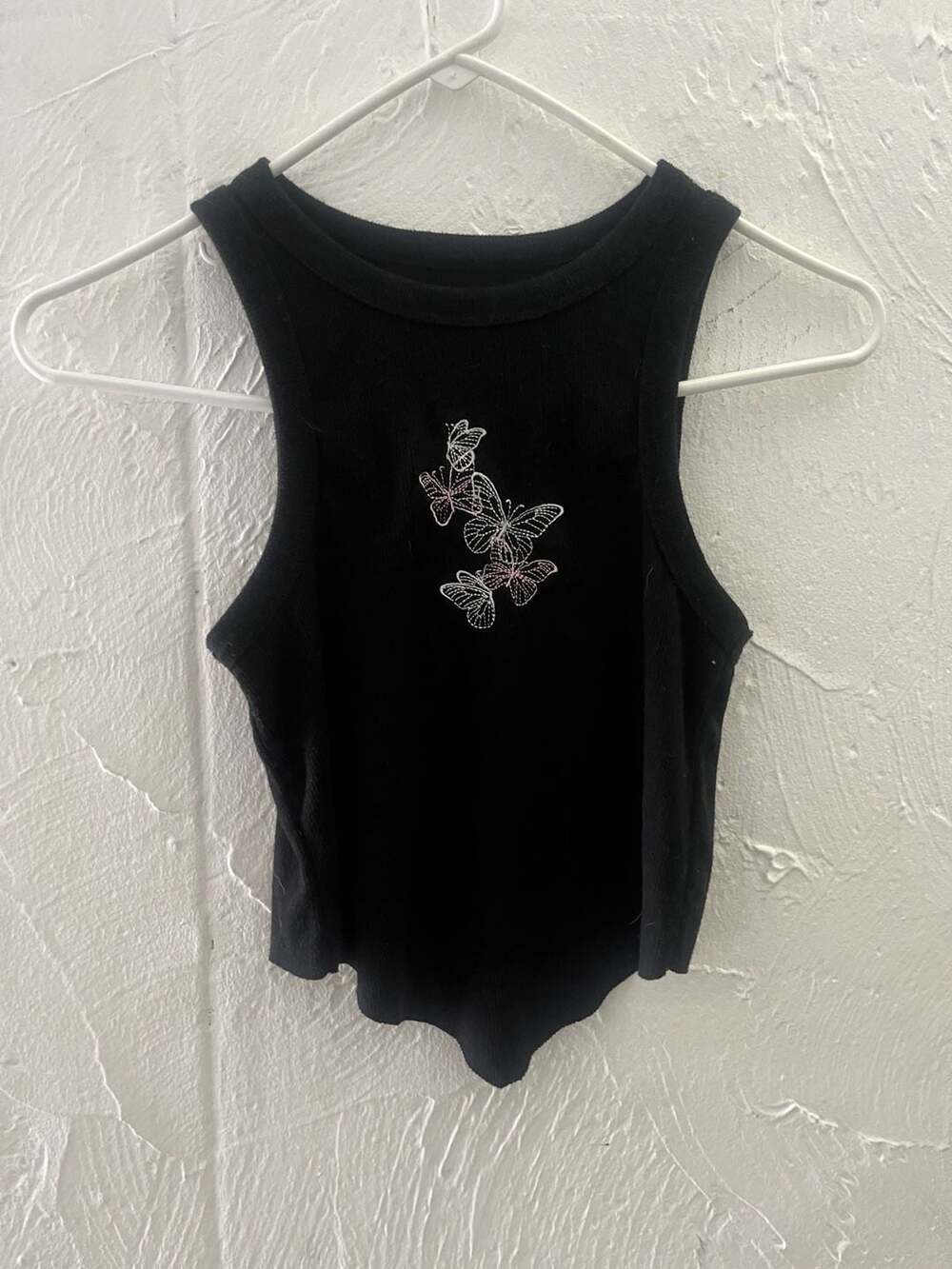 Black Butterfly Embroidered Ribbed Crop Tank Top Y2K